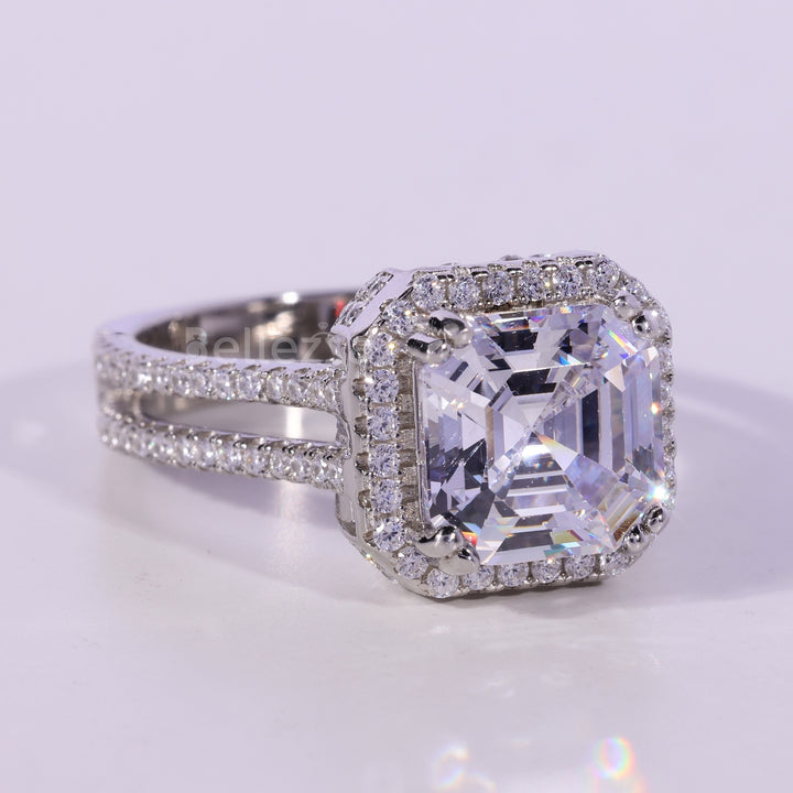 1.50CT Asscher Cut Halo Moissanite Engagement Ring