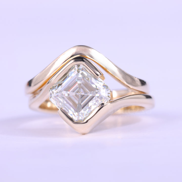 1.50CT Asscher Cut Unique Bezel Setting Moissanite Bridal Ring Set