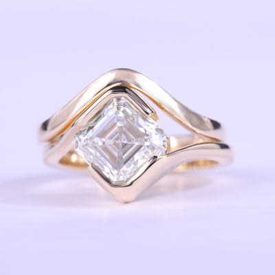 1.50CT Asscher Cut Unique Bezel Setting Moissanite Bridal Ring Set