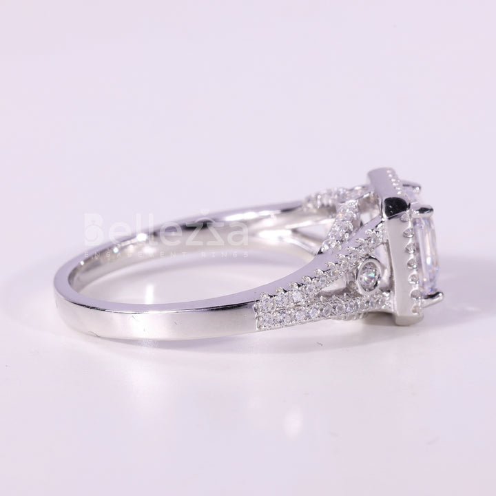 1.0CT Asscher Cut Diamond Halo Cluster Setting Moissanite Engagement Ring