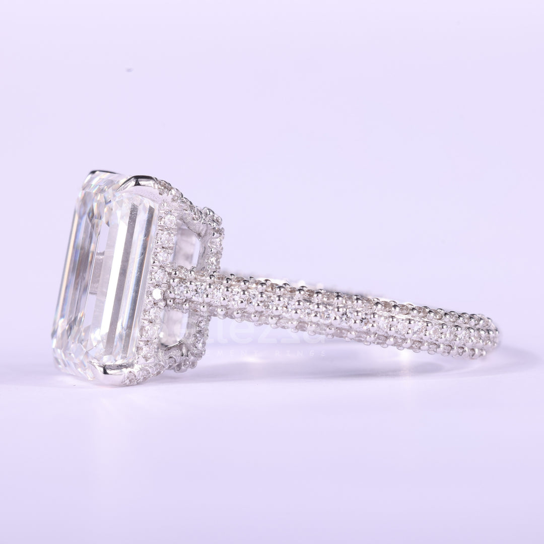 4.0CT Emerald Cut Three Side Pave Setting Moissanite Engagement Ring