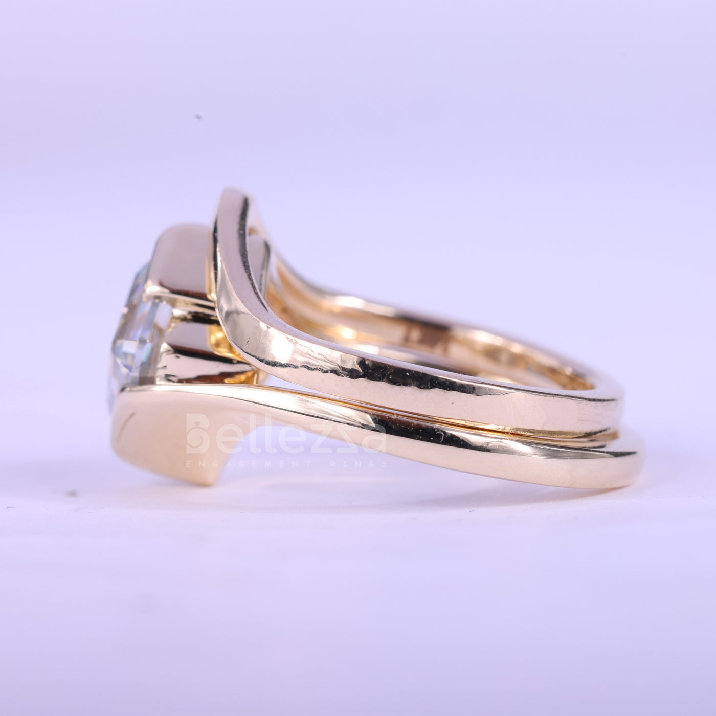 1.50CT Asscher Cut Unique Bezel Setting Moissanite Bridal Ring Set