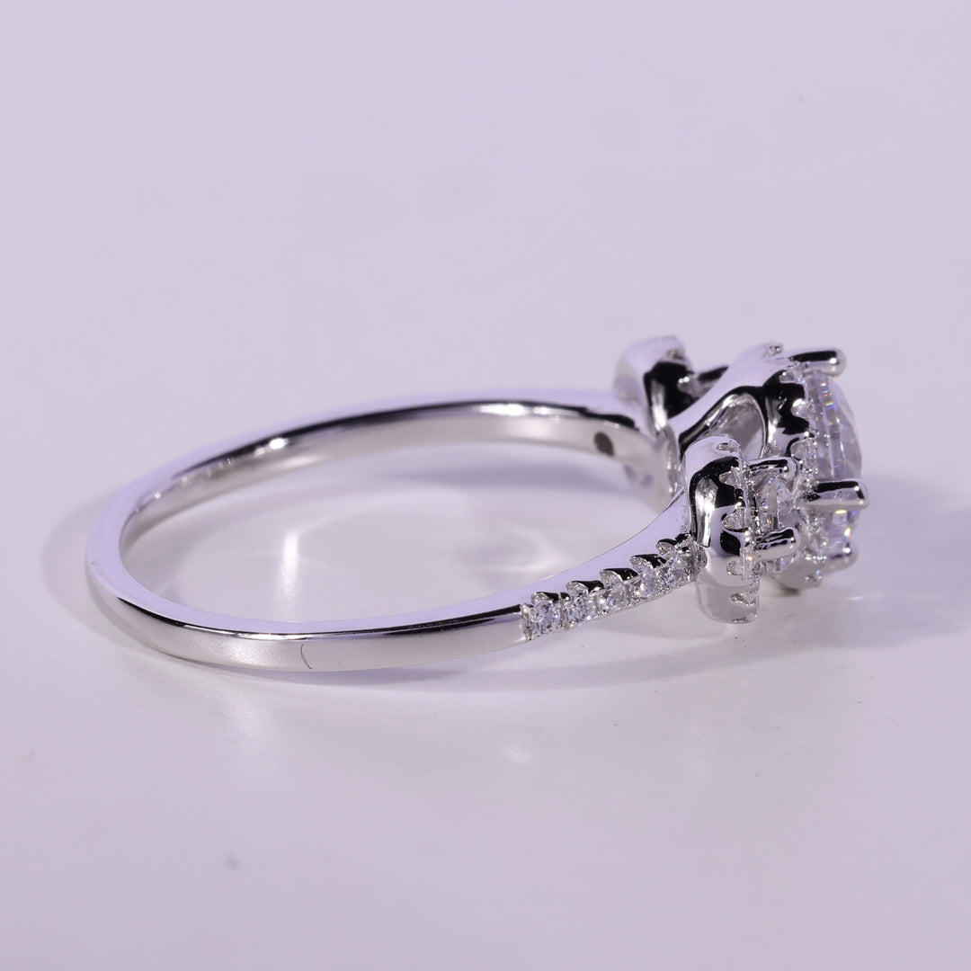 0.50CT Round Cut Three Stone Halo Setting Moissanite Engagement Ring