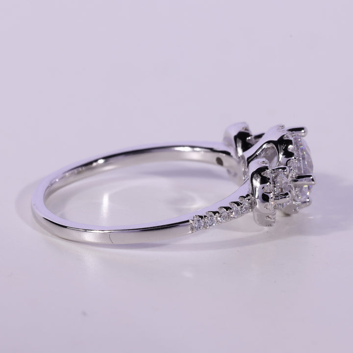 0.50CT Round Cut Three Stone Halo Setting Moissanite Engagement Ring