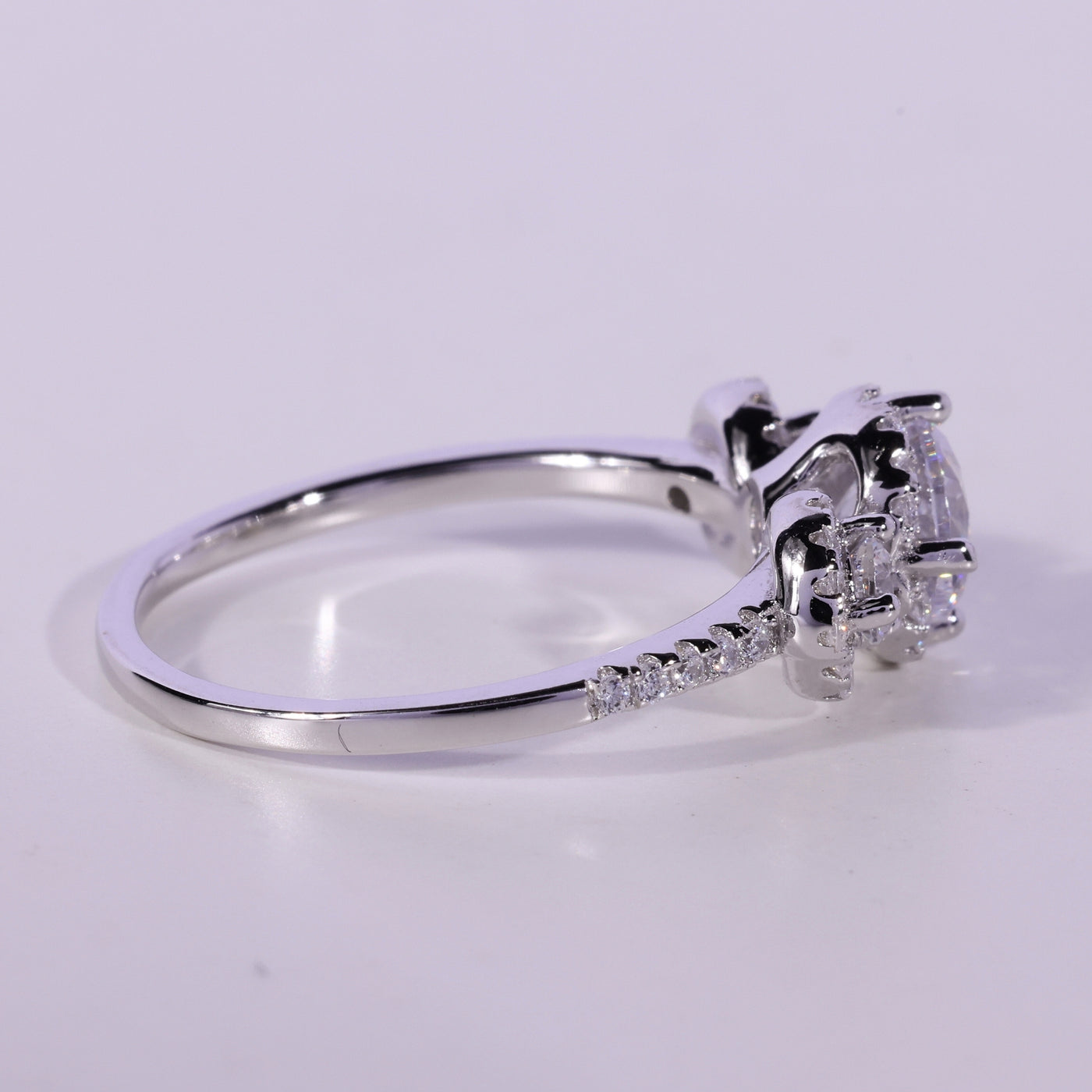 0.50CT Round Cut Three Stone Halo Setting Moissanite Engagement Ring