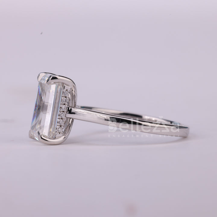 1.50CT Emerald Cut Diamond Hidden Halo Moissanite Engagement Ring