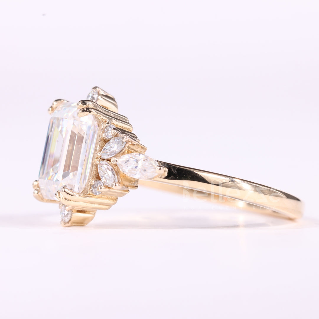 1.00CT Emerald Cut Cluster Diamond Moissanite Engagement Ring