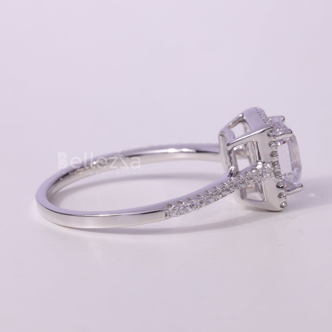 1.0CT Asscher Cut Diamond Halo Pave Setting Moissanite Engagement Ring