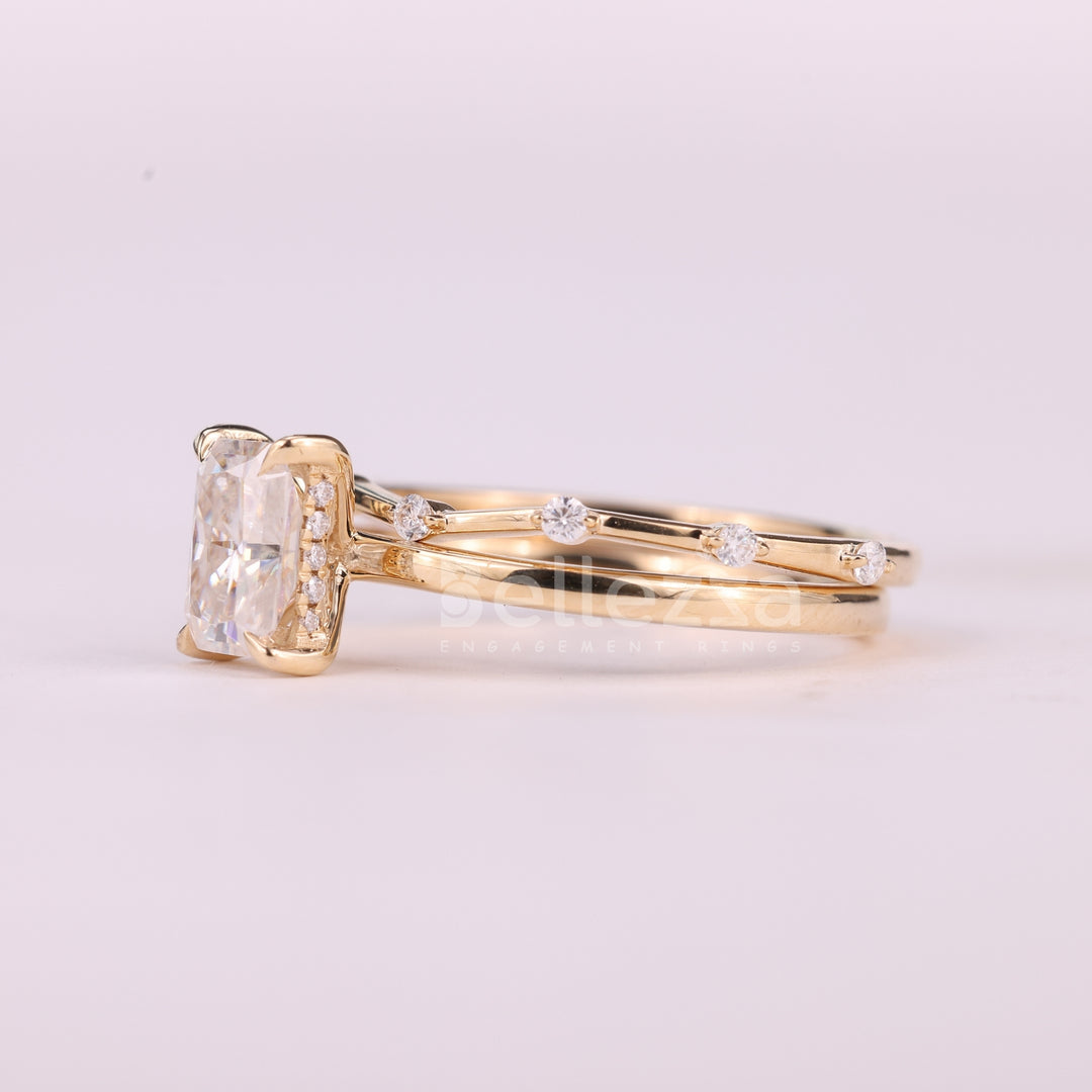 1.0CT Radiant Cut Hidden Halo Moissanite Bridal Ring Set