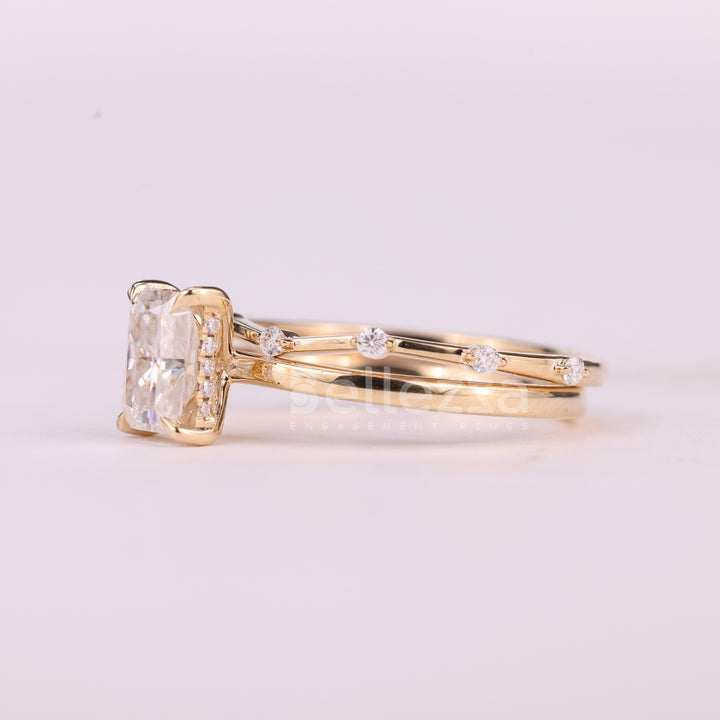 1.0CT Radiant Cut Hidden Halo Moissanite Bridal Ring Set