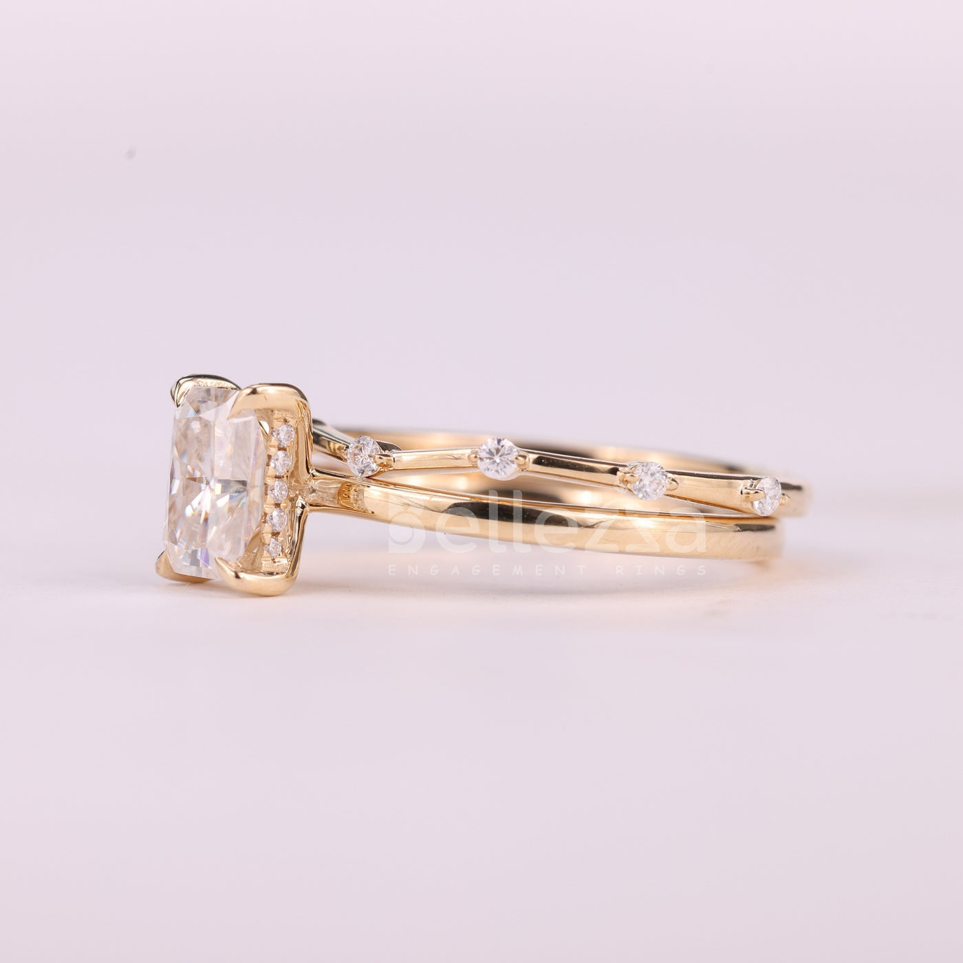 1.0CT Radiant Cut Hidden Halo Moissanite Bridal Ring Set