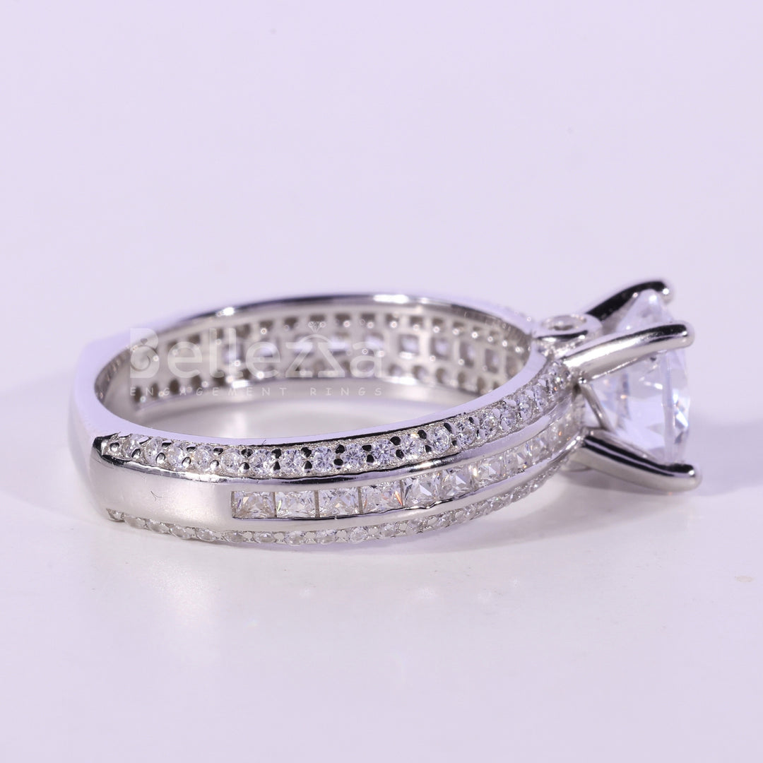 0.75CT Round Cut Three Row Pave Setting Moissanite Engagement Ring