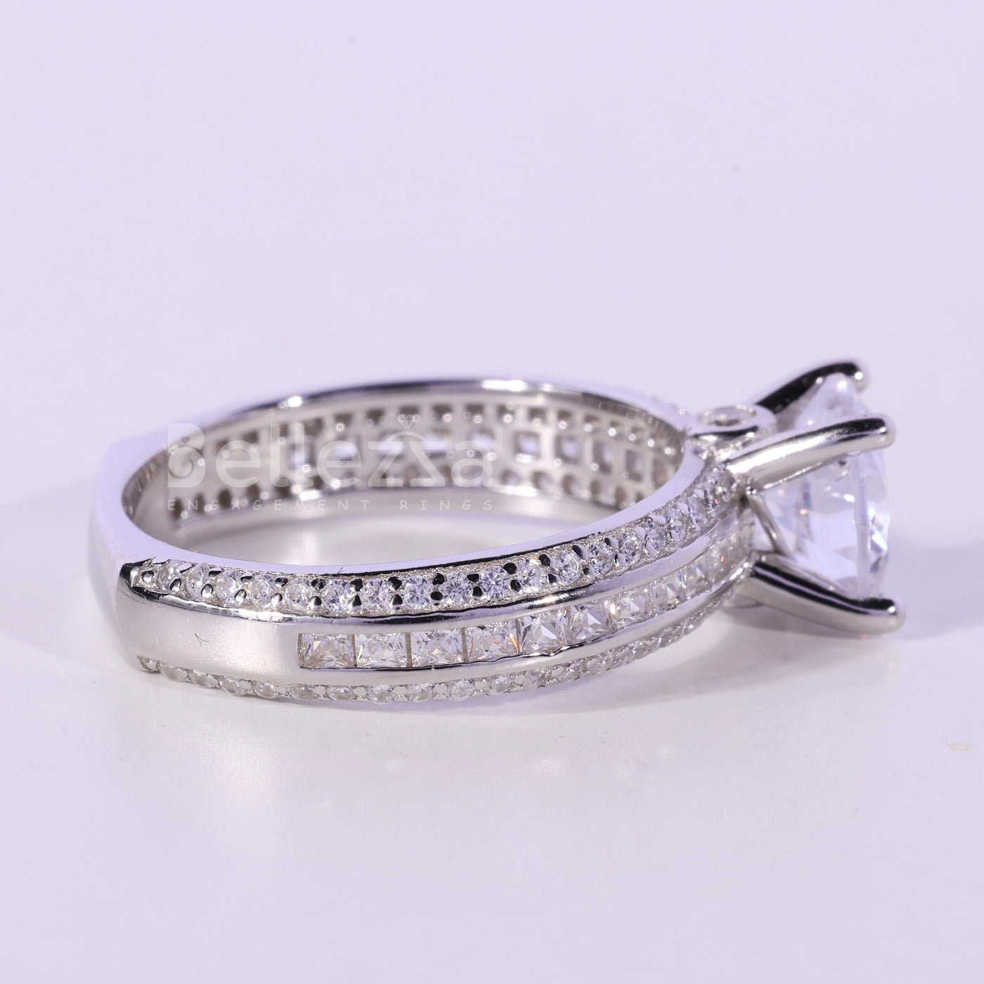 0.75CT Round Cut Three Row Pave Setting Moissanite Engagement Ring