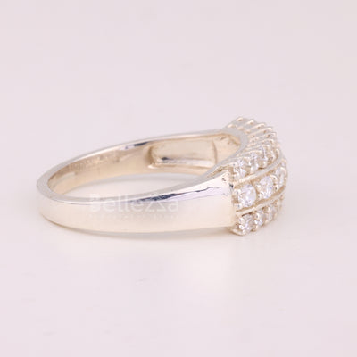 Round Cut Three Row Pave Setting Moissanite Engagement Ring