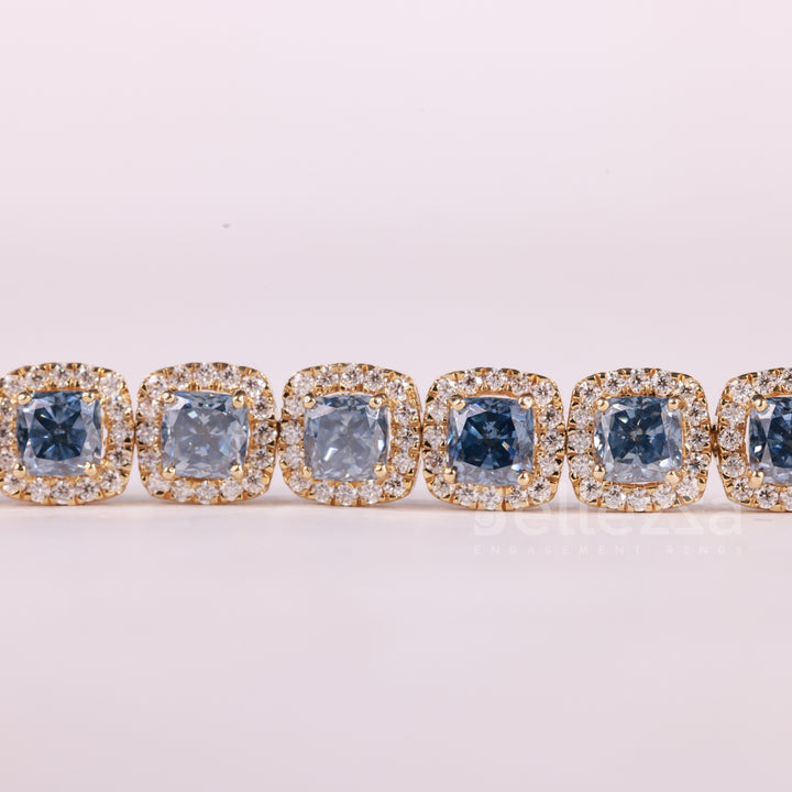 Cushion Cut Blue Sapphire Gemstone Halo Set Moissanite Bracelet