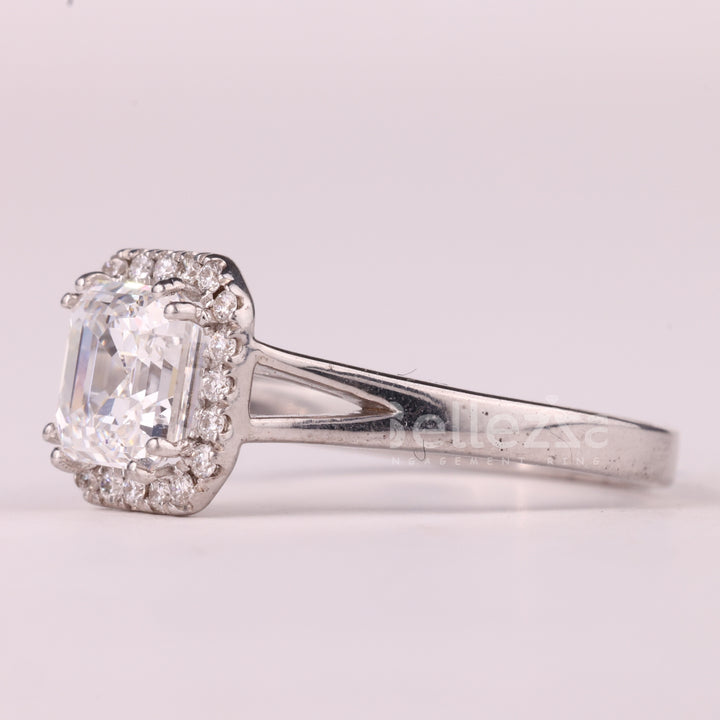 1.0CT Asscher Cut Halo Setting Split Shank Moissanite Engagement Ring