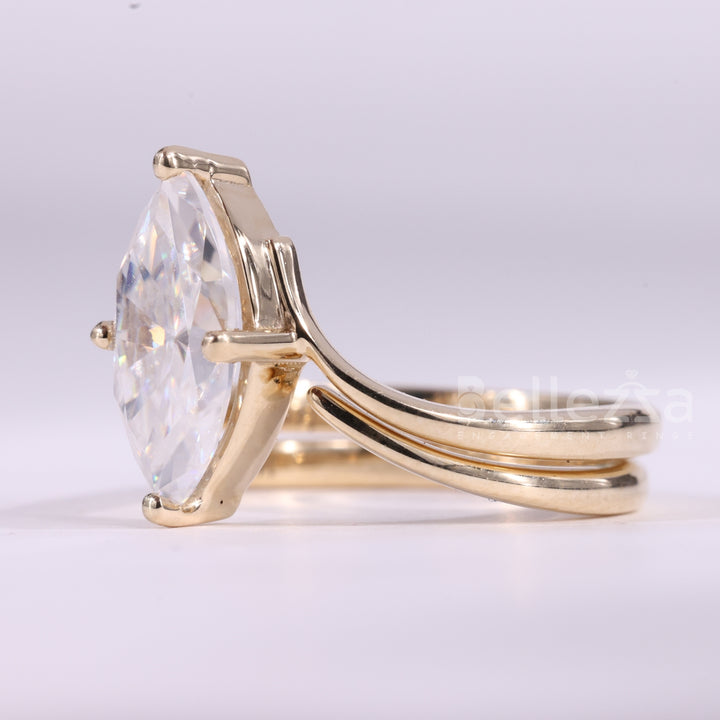 2.0CT Marquise Cut Unique Solitaire Curved Moissanite Bridal Ring Set