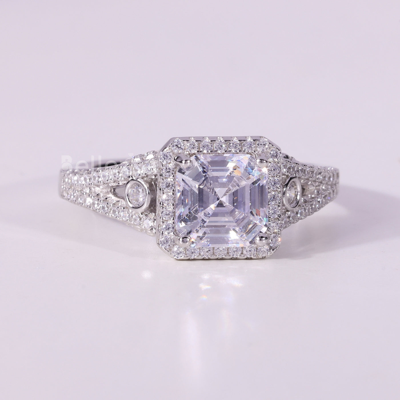 1.0CT Asscher Cut Diamond Halo Cluster Setting Moissanite Engagement Ring