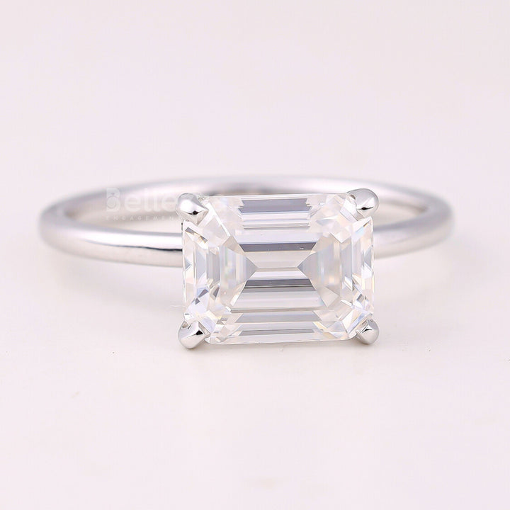 2.0CT East-West Emerald Cut Solitaire Moissanite Engagement Ring