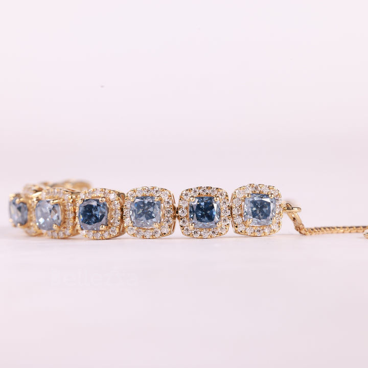 Cushion Cut Blue Sapphire Gemstone Halo Set Moissanite Bracelet