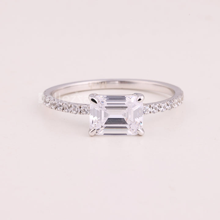 1.0CT East-West Emerald Cut Pave Setting Moissanite Engagement Ring