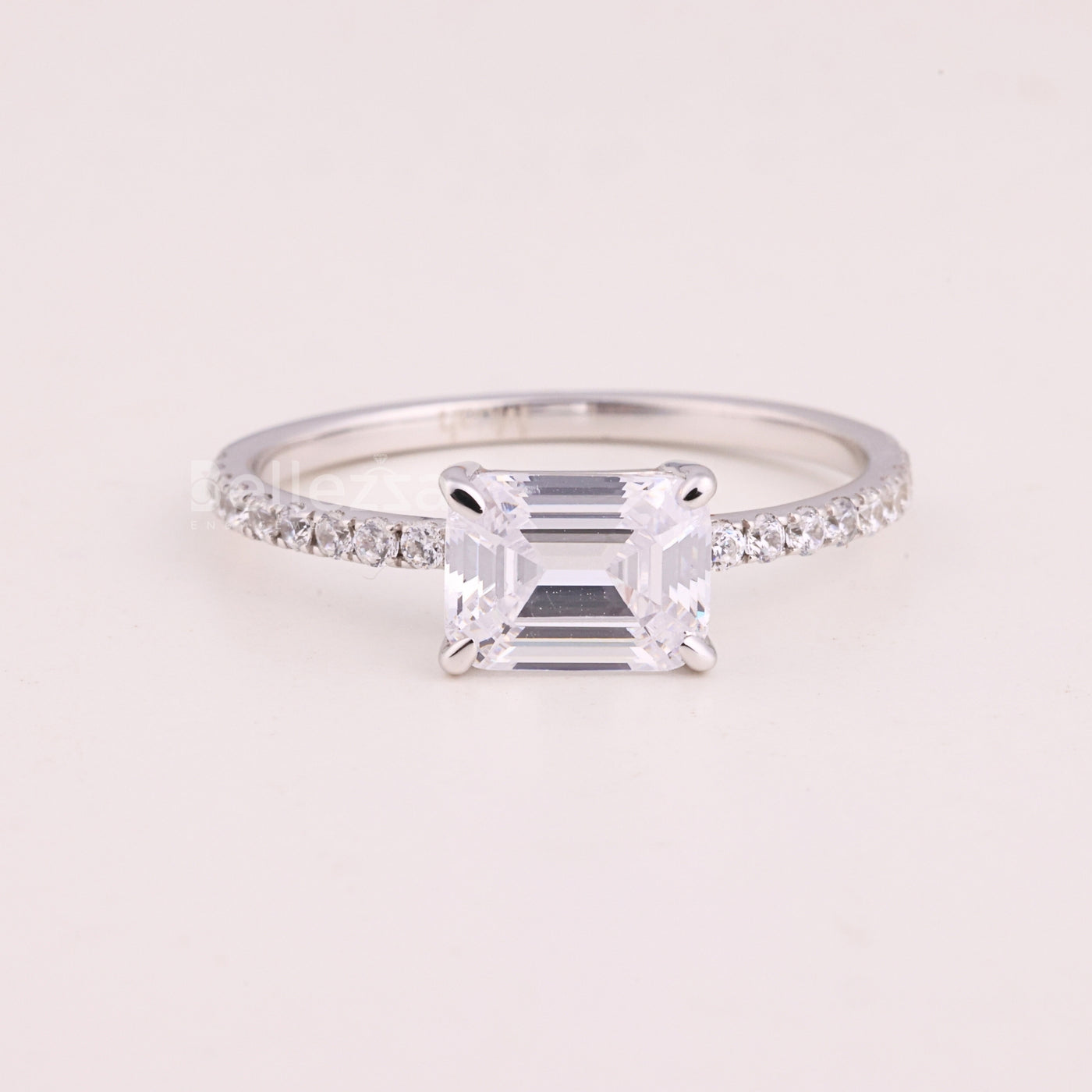 1.0CT East-West Emerald Cut Pave Setting Moissanite Engagement Ring