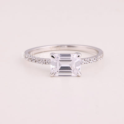 1.0CT East-West Emerald Cut Pave Setting Moissanite Engagement Ring