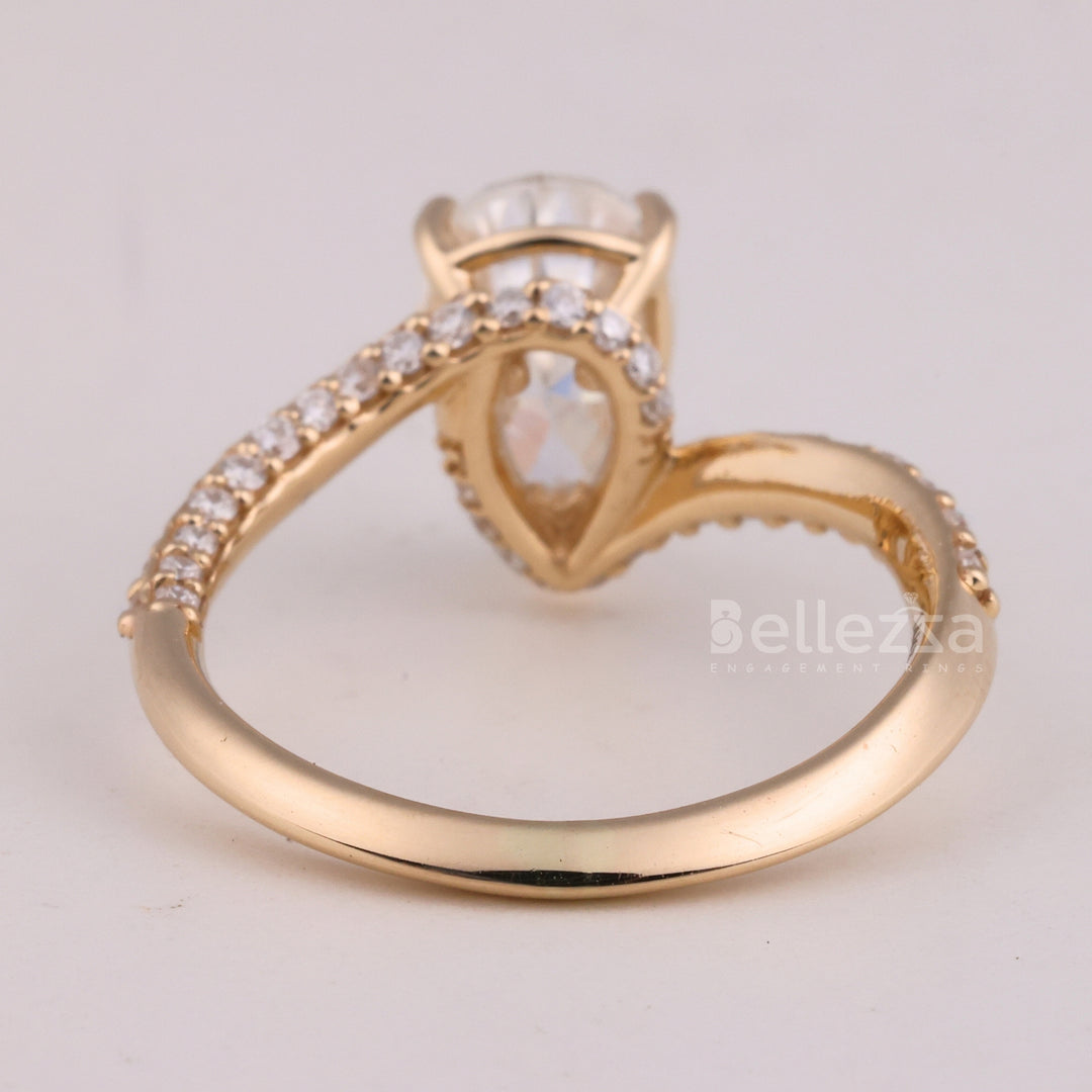1.0CT Pear Cut Three Side Pave Setting Moissanite Engagement Ring