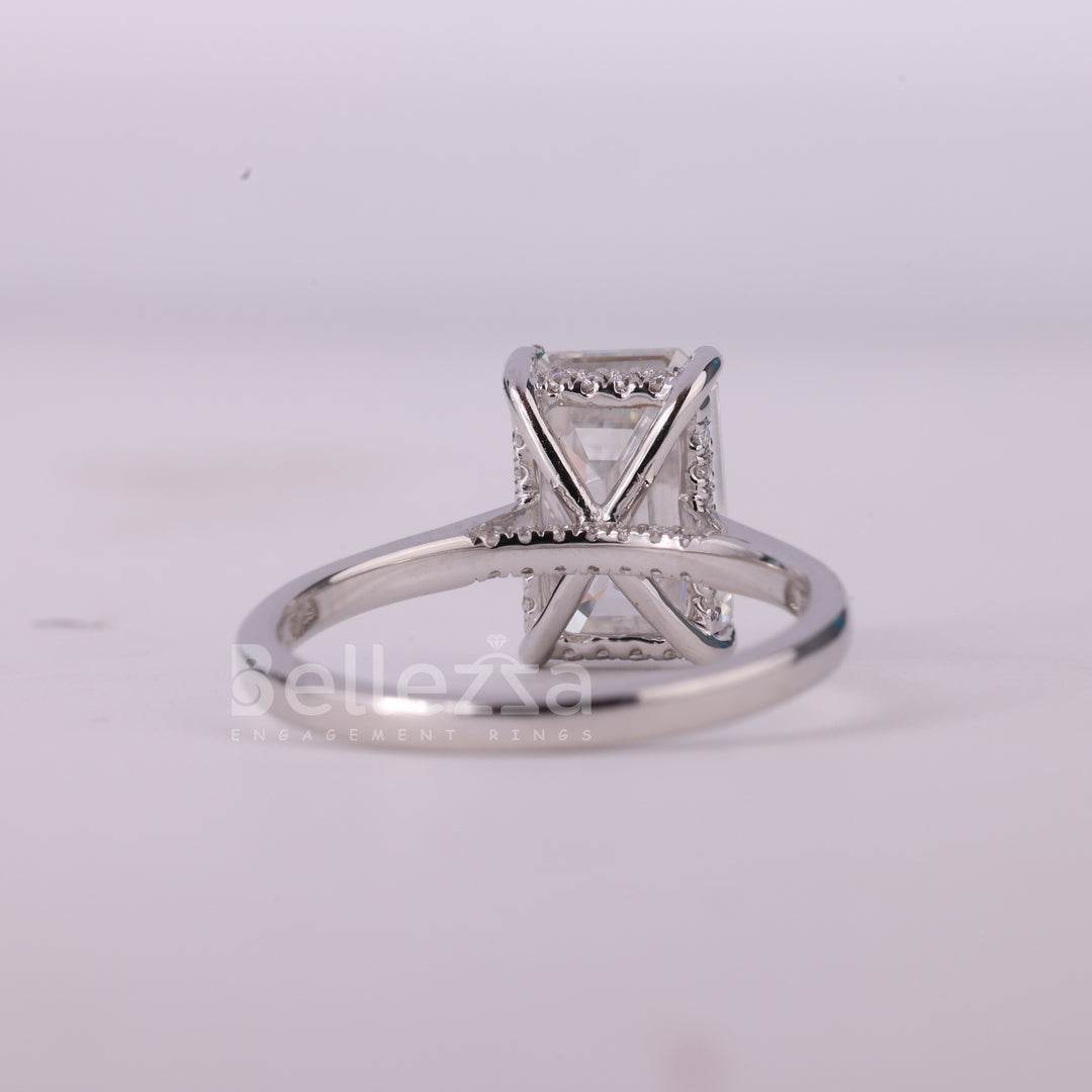 1.50CT Emerald Cut Diamond Hidden Halo Moissanite Engagement Ring