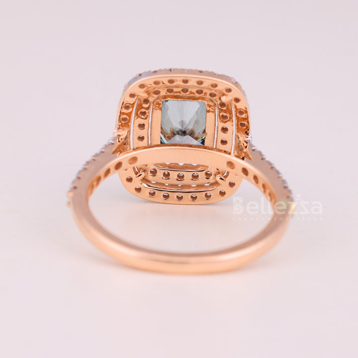 1.50CT Aquamarine Blue Elongated Cushion Cut Double Halo Engagement Ring