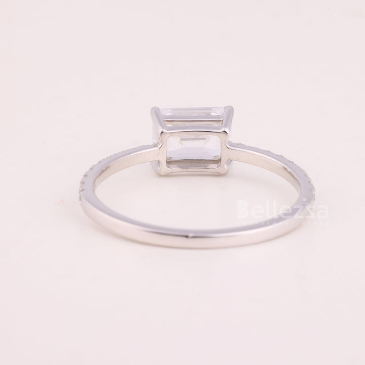 1.0CT East-West Emerald Cut Pave Setting Moissanite Engagement Ring