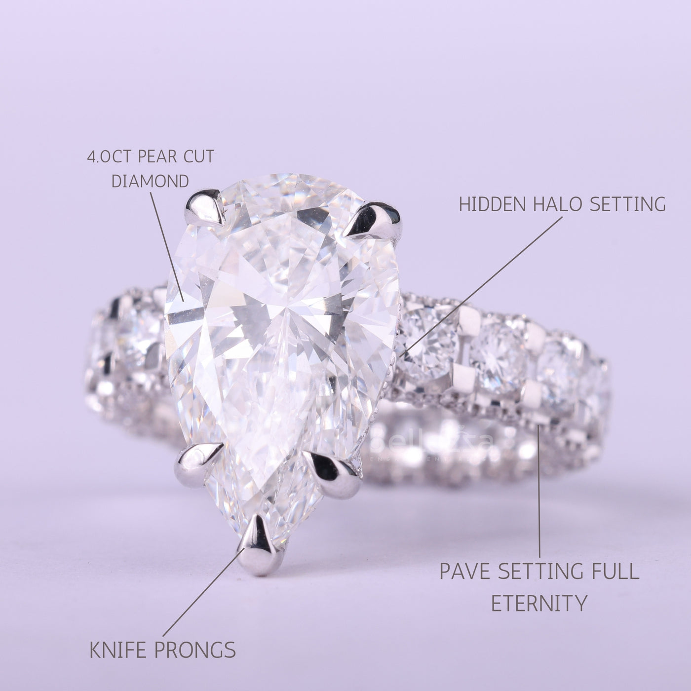 4.0CT Pear Cut Diamond Pave Setting Full Eternity Engagement Ring