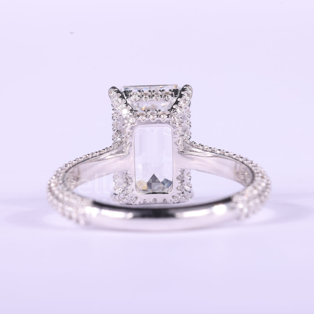 4.0CT Emerald Cut Three Side Pave Setting Moissanite Engagement Ring