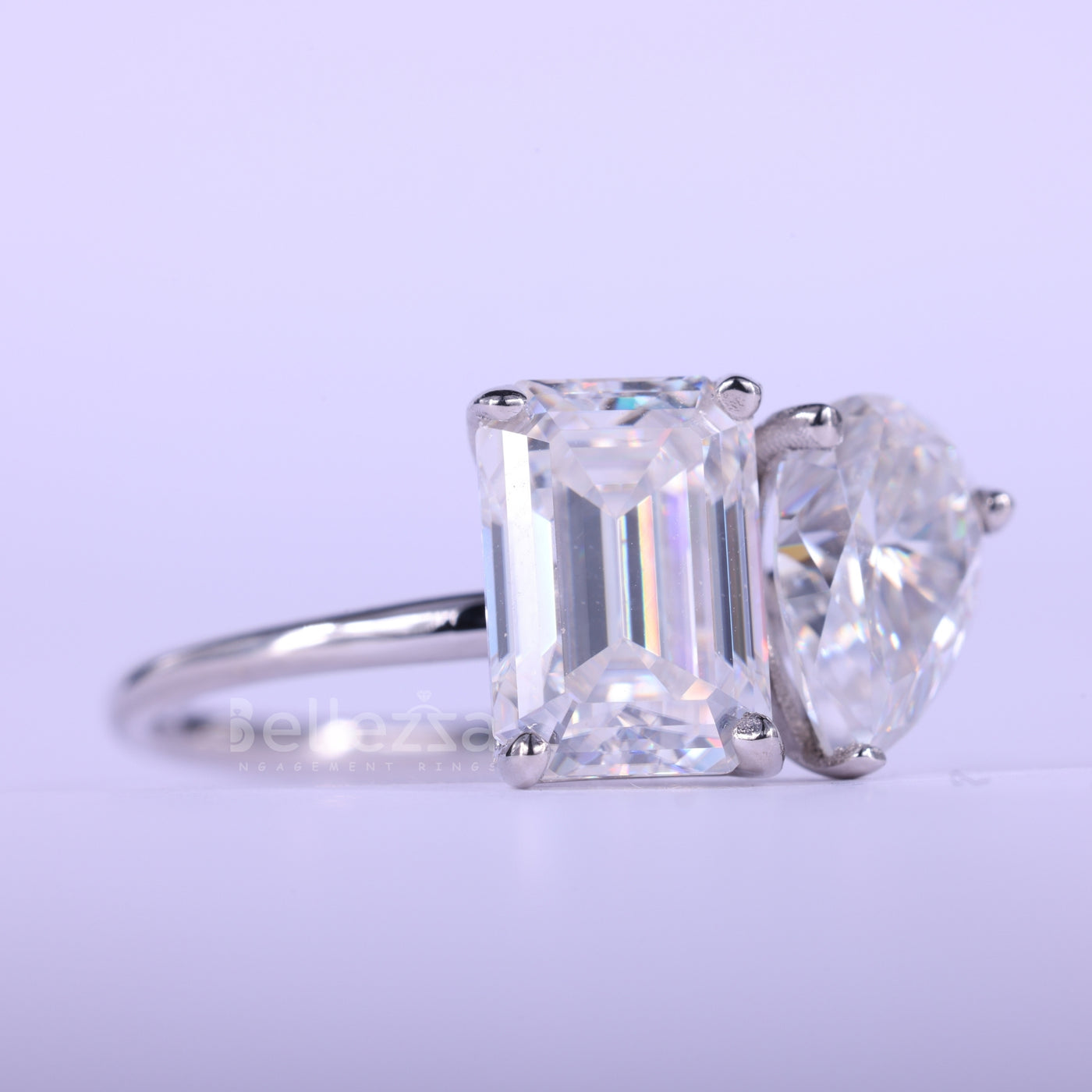 1.0CT Emerald & Pear Cut Toi Et Moi Moissanite Engagement Ring