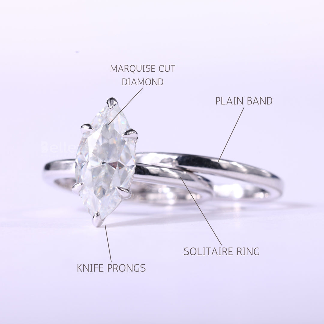 1.50CT Marquise Cut Solitaire Moissanite Plain Bridal Ring Set