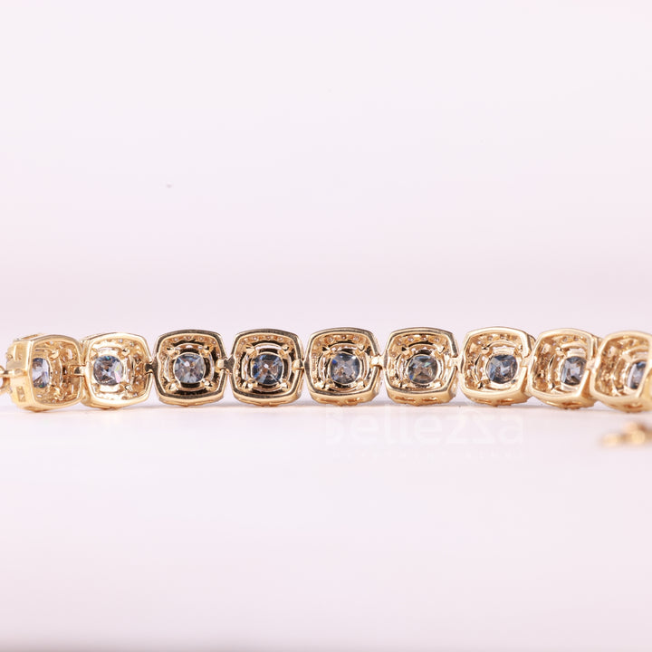 Cushion Cut Blue Sapphire Gemstone Halo Set Moissanite Bracelet