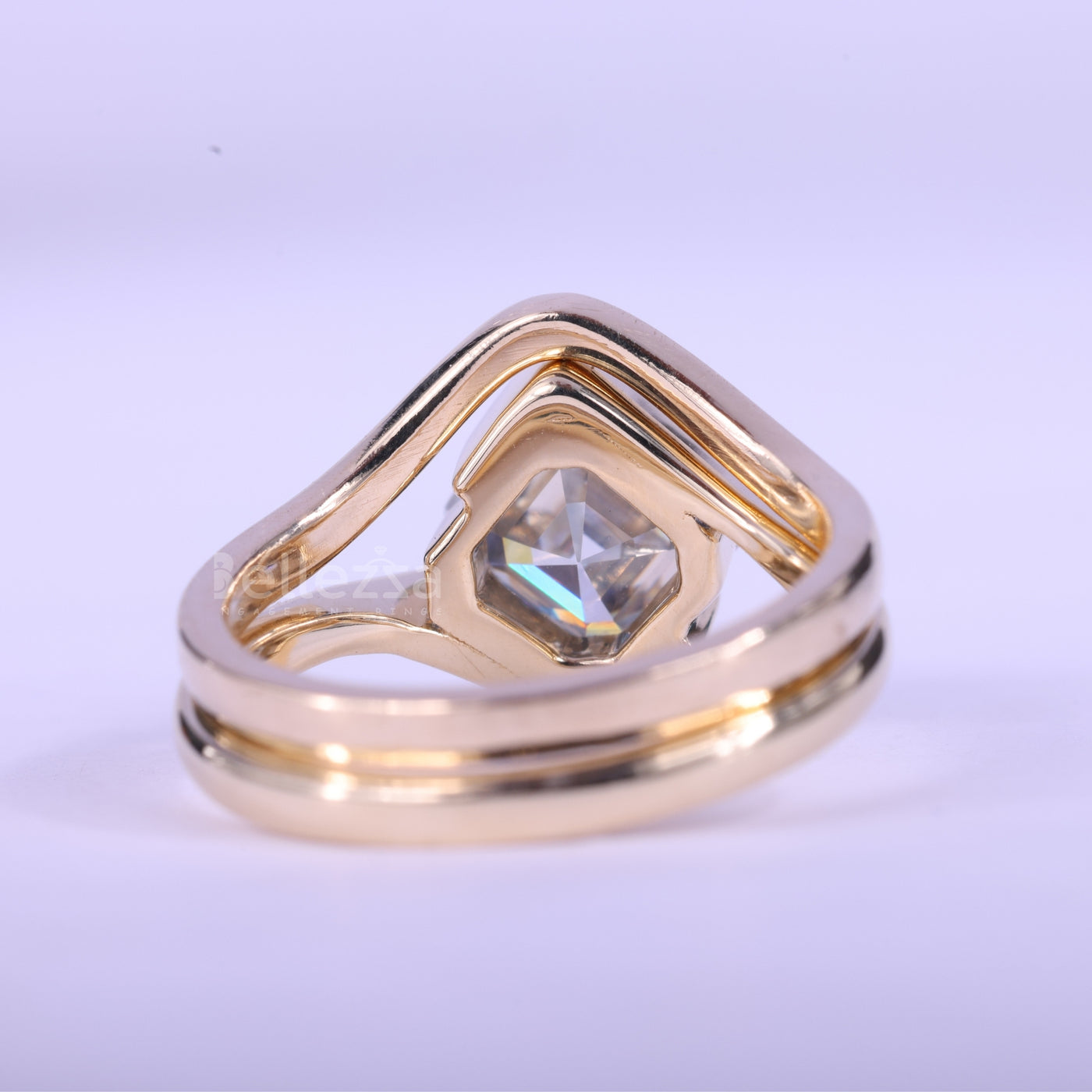 1.50CT Asscher Cut Unique Bezel Setting Moissanite Bridal Ring Set