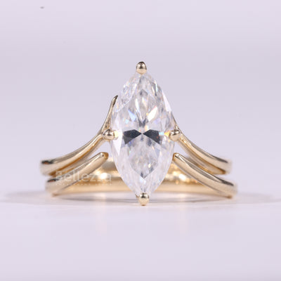 2.0CT Marquise Cut Unique Solitaire Curved Moissanite Bridal Ring Set