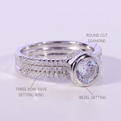 1.0CT Round Cut Three Row Pave Setting Moissanite Engagement Ring