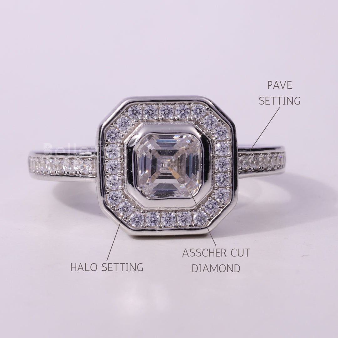 1.0CT Asscher Cut Diamond Halo Pave Setting Moissanite Engagement Ring