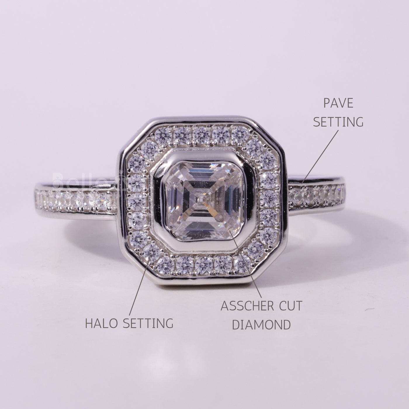 1.0CT Asscher Cut Diamond Halo Pave Setting Moissanite Engagement Ring