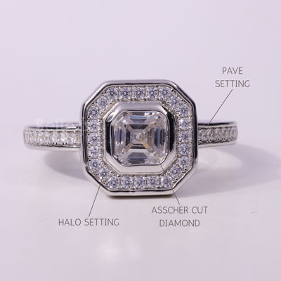 1.0CT Asscher Cut Diamond Halo Pave Setting Moissanite Engagement Ring