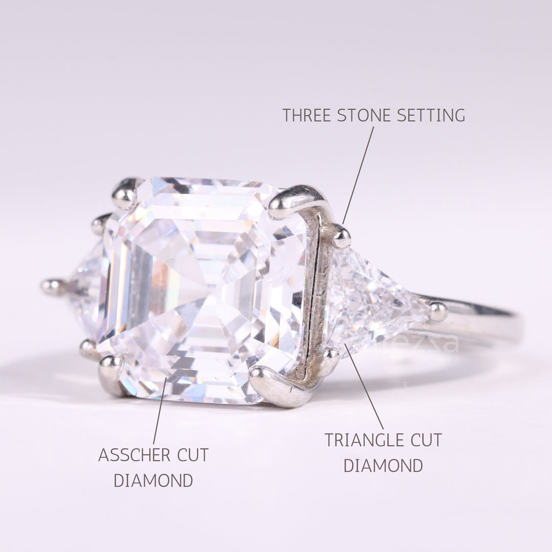 2.0CT Asscher Cut Three Stone Moissanite Engagement Ring