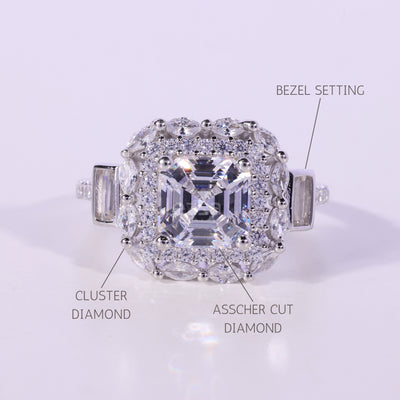 1.0CT Asscher Cut Cluster Diamond Moissanite Engagement Ring