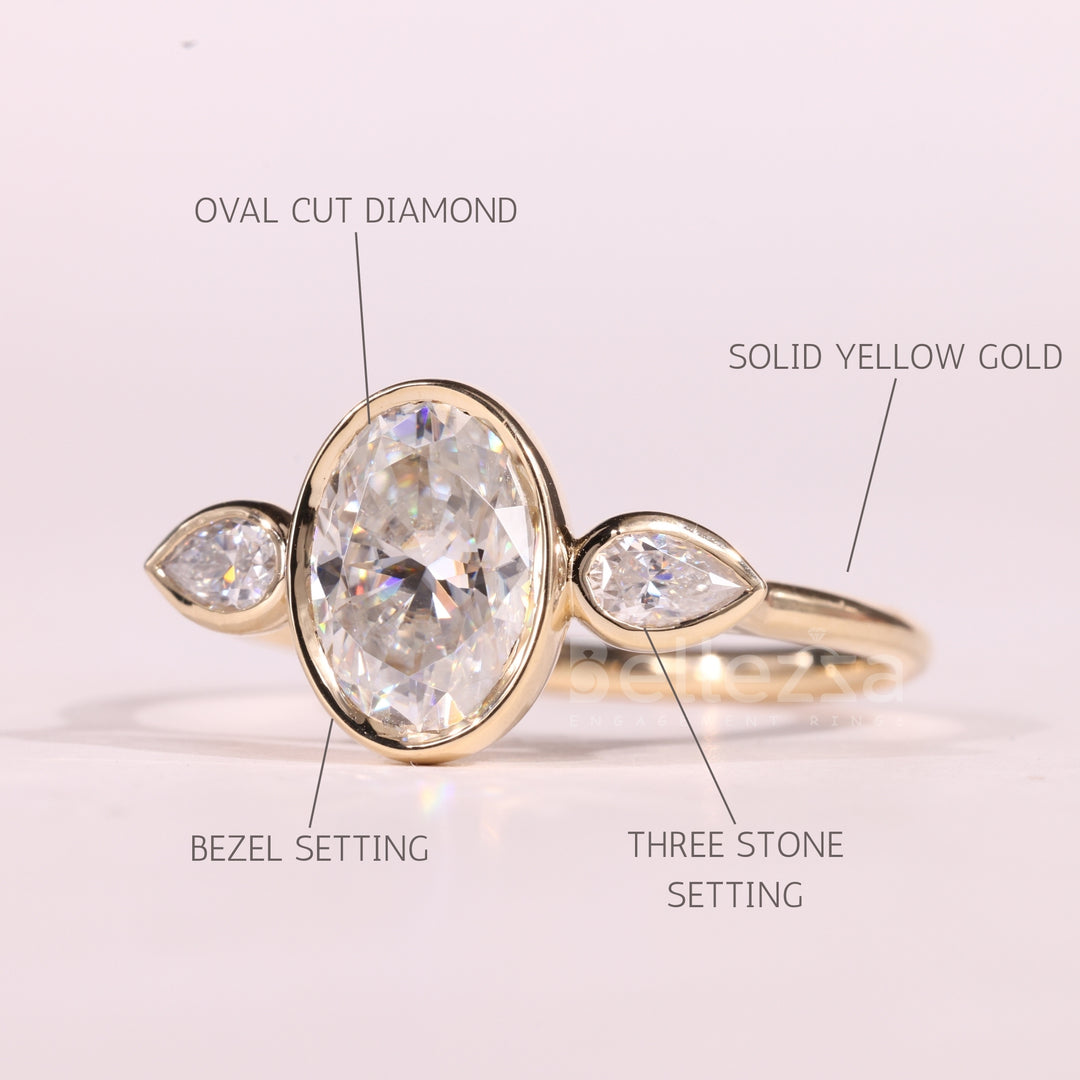 1.50CT Oval Cut Bezel Setting Moissanite Three Stone Engagement Ring