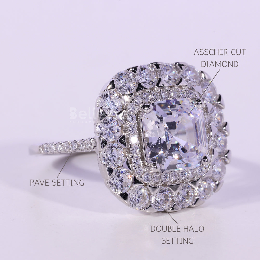 1.0CT Asscher Cut Double Halo Moissanite Engagement Ring