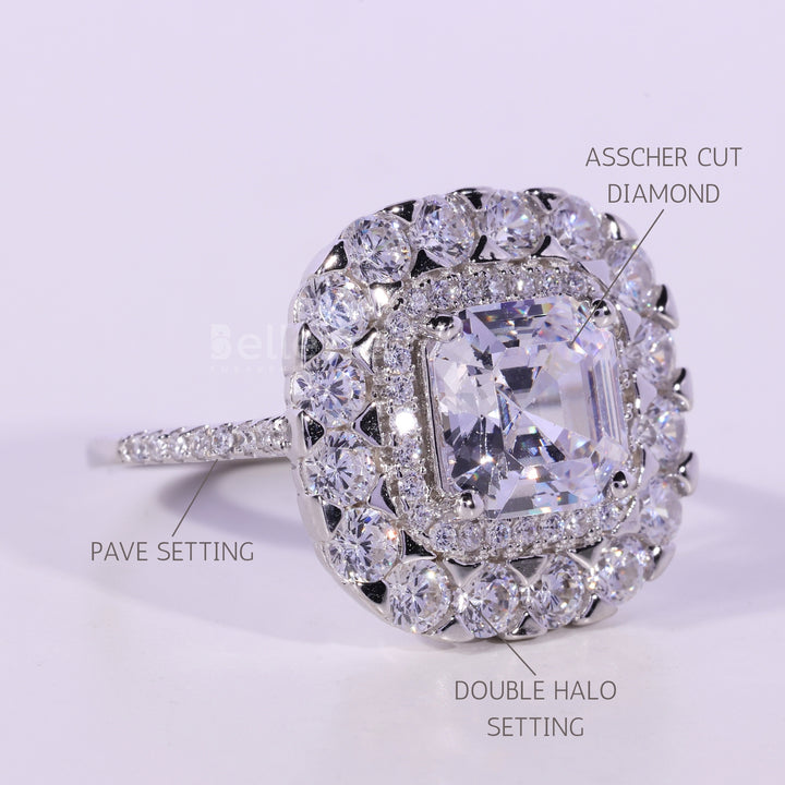 1.0CT Asscher Cut Double Halo Moissanite Engagement Ring