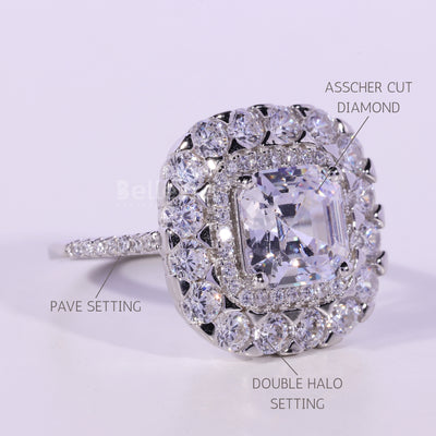 1.0CT Asscher Cut Double Halo Moissanite Engagement Ring