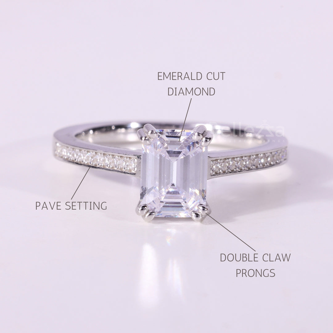 1.0CT Emerald Cut Pave Setting Moissanite Engagement Ring