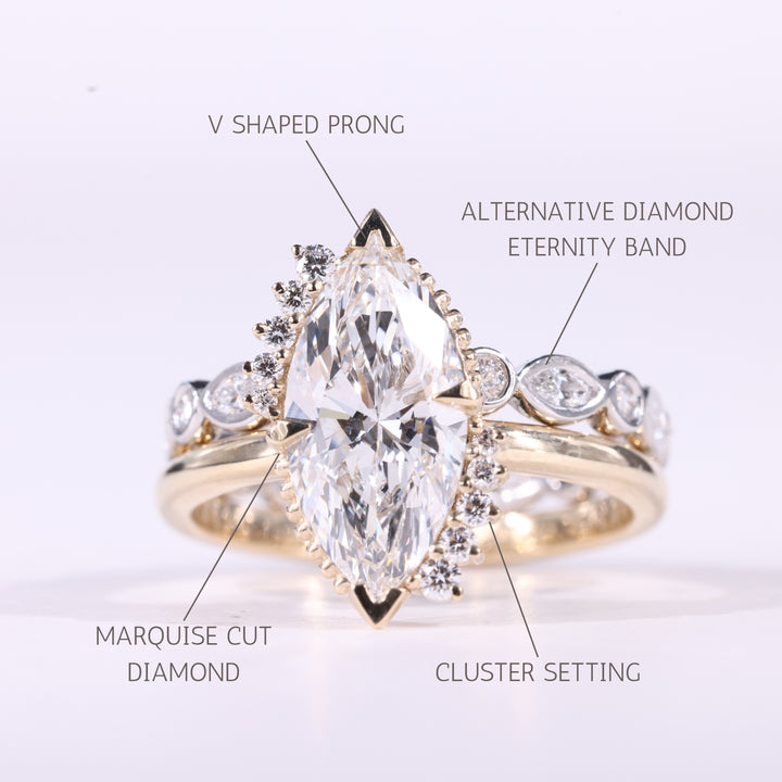 2.0CT Marquise Cut Unqiue Cluster Diamond Moissanite Bridal Ring Set